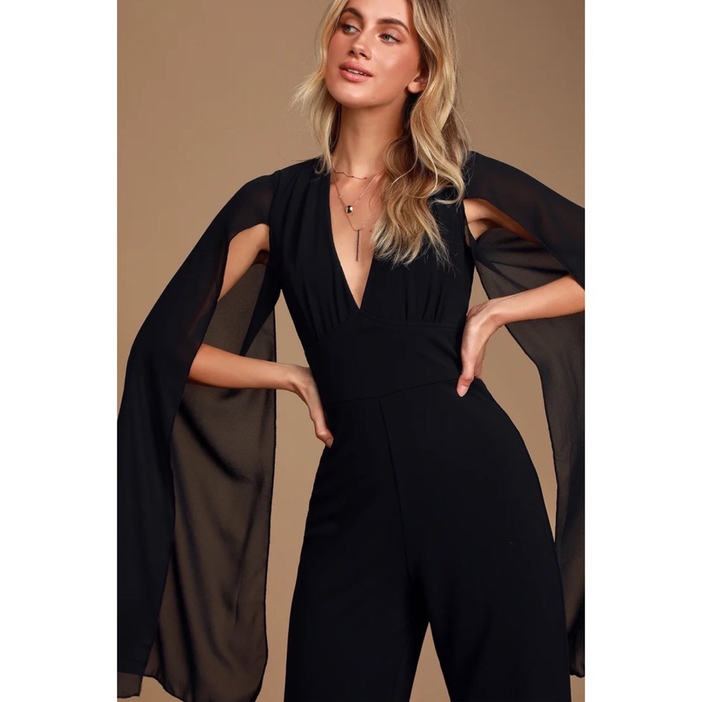 Lulu’s “Weekender” Black Backless Cape Sleeve Sexy Deep Vneck Formal Jumpsuit - Picture 3 of 11